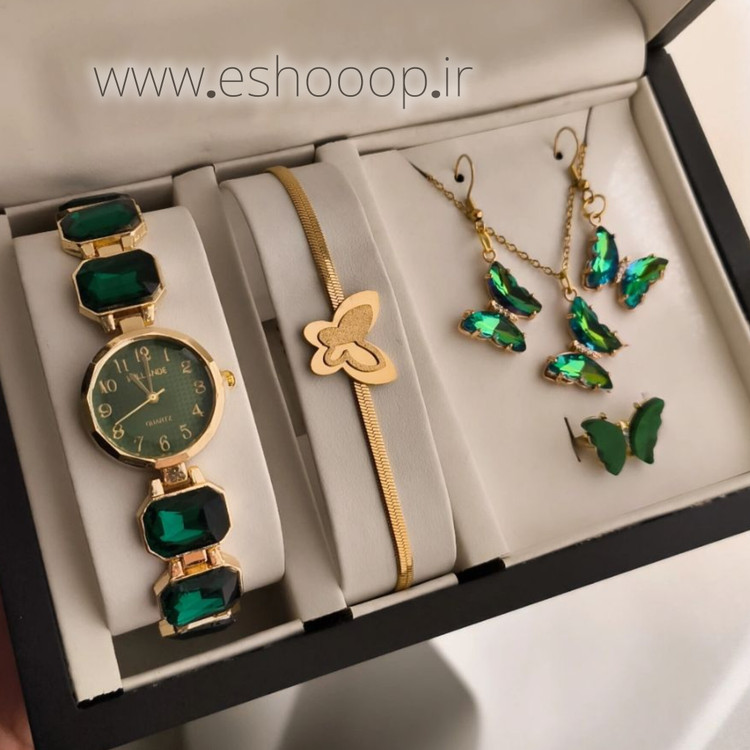 ست ساعت زنانه دخترانه با دستبند و نیم ست پروانه کریستالی سبز