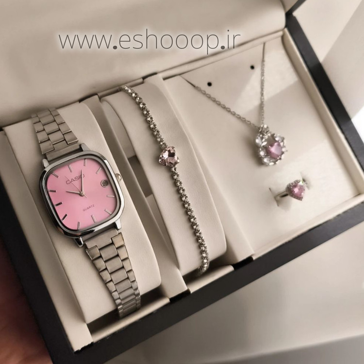 ساعت زنانه دخترانه کاسیو casio صورتی با نیم ست طرح قلب صورتی