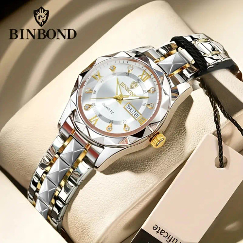 ساعت مچی زنانه اورجینال بینـبند BINBOND بین باند دوتقویم ضداب رنـگ ثابت