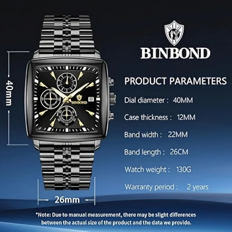 ساعت مچی مردانه بین باند Binbond اورجینال بینبند کرنوگراف استیل مشکی صفحه مربعی