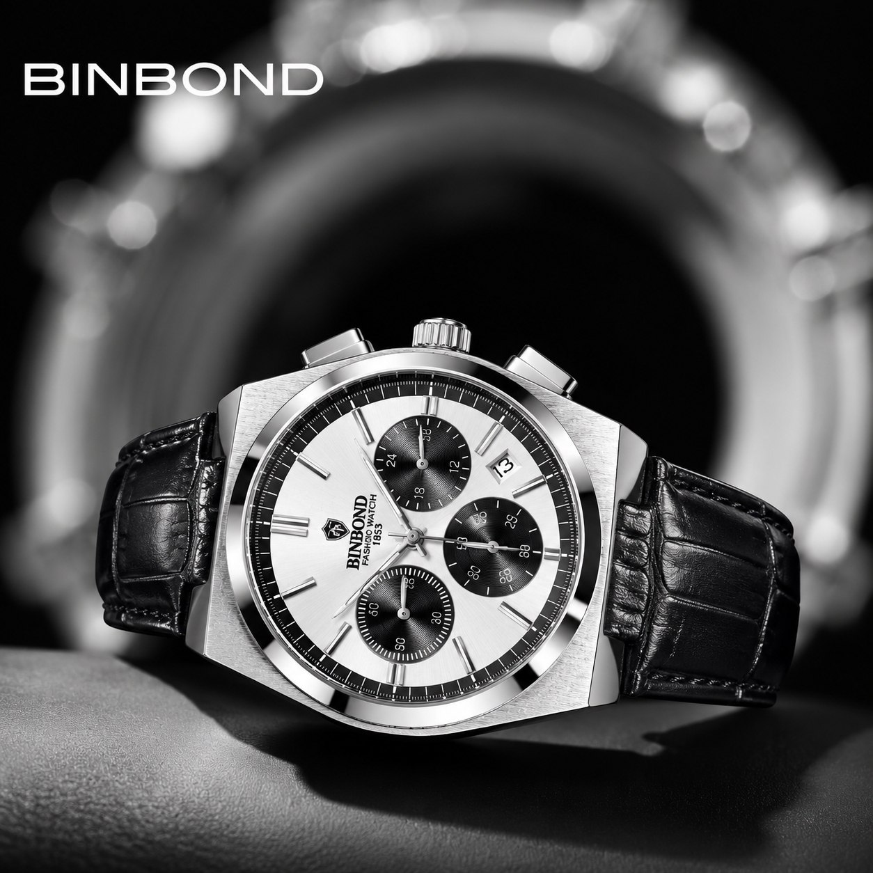 ساعت مچی مردانه بین باند Binbond اورجینال کرنوگراف بند چرمی مشکی