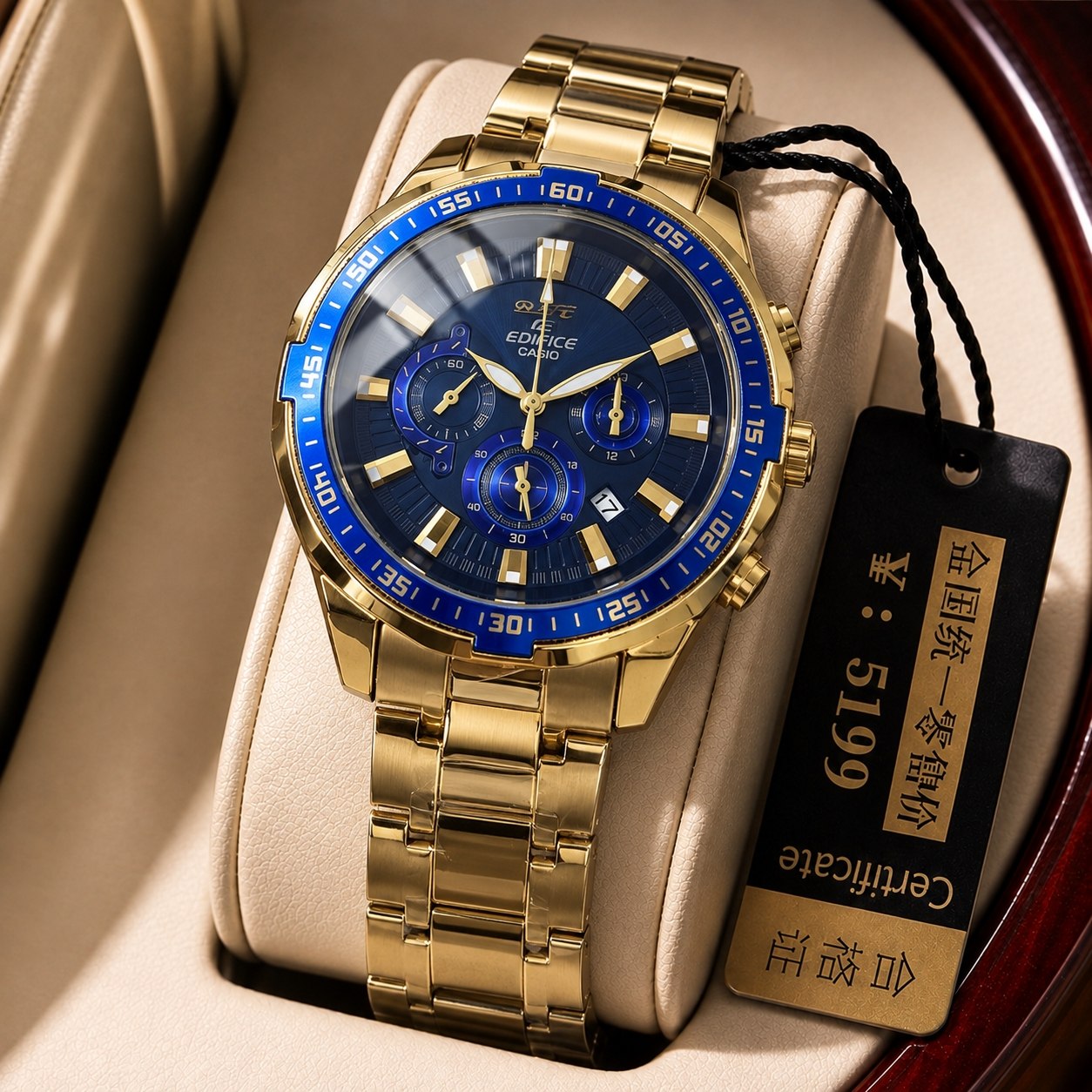 ساعت مچی مردانه کاسیو CASIO طرح ادیفایس کرنوگراف طلایی آبی کاربنی