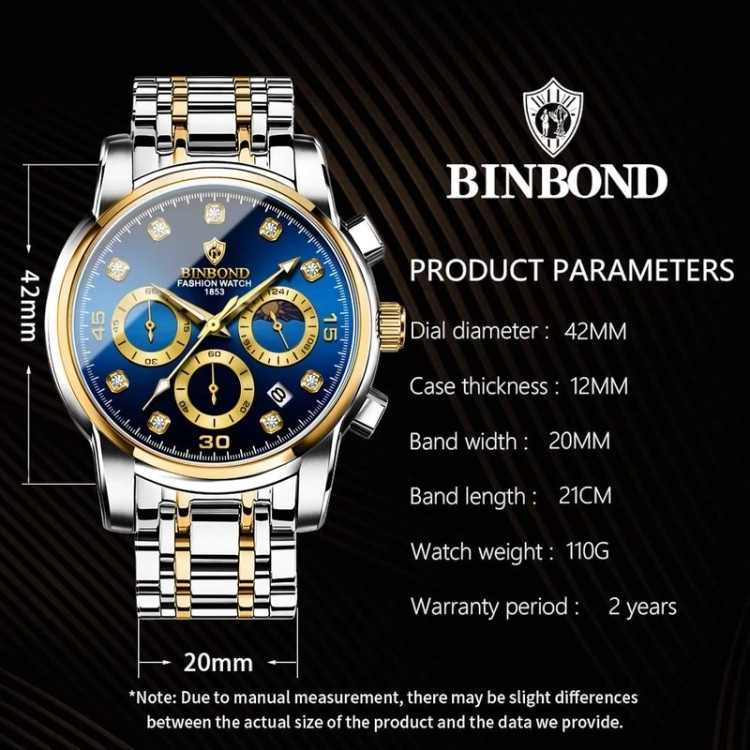 ساعت مچی مردانه بین باند binbond اورجینال مدل 707 بند استیل ضد آب
